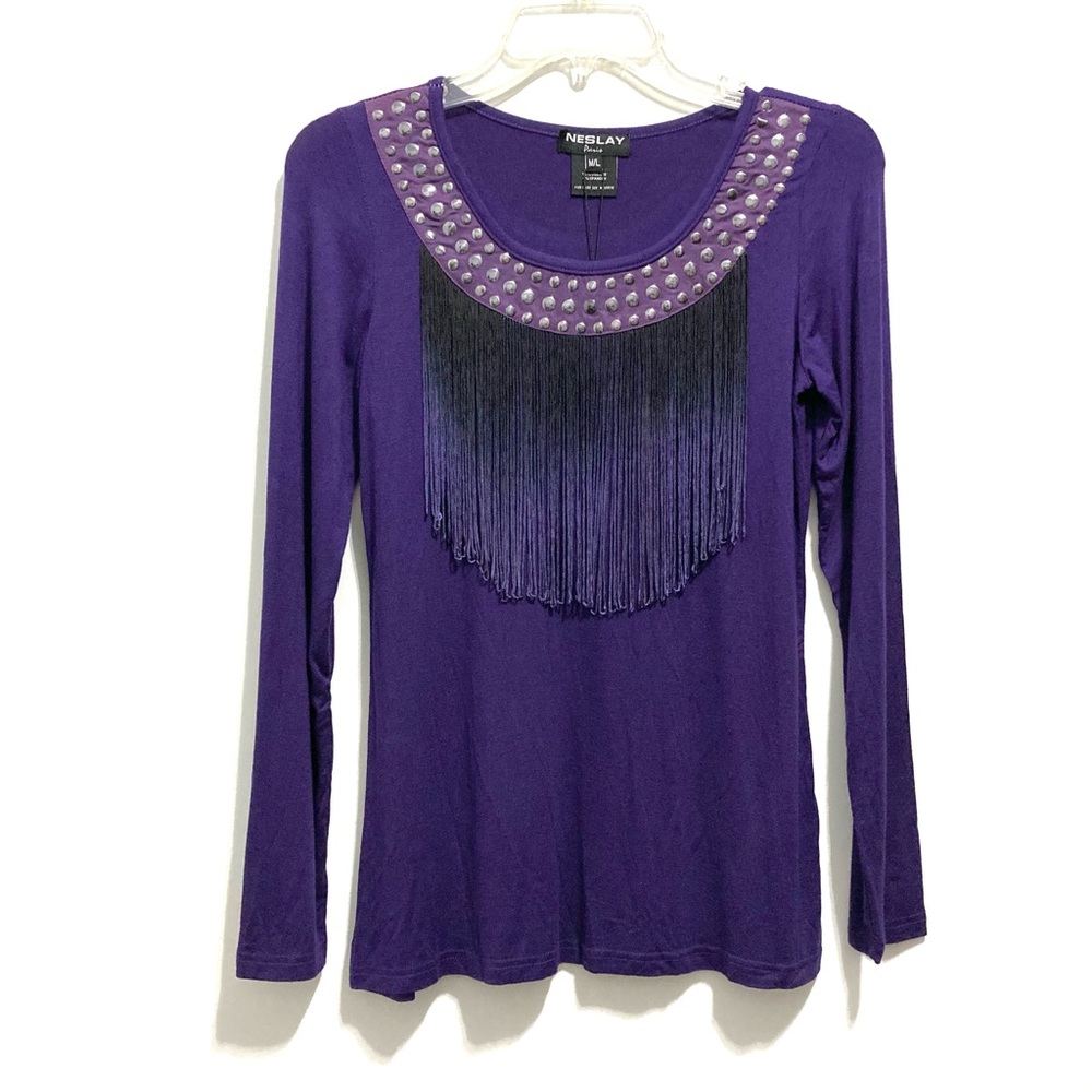 🆕 Neslay Paris Women’s Long Sleeves Fringe Studded Purple Top